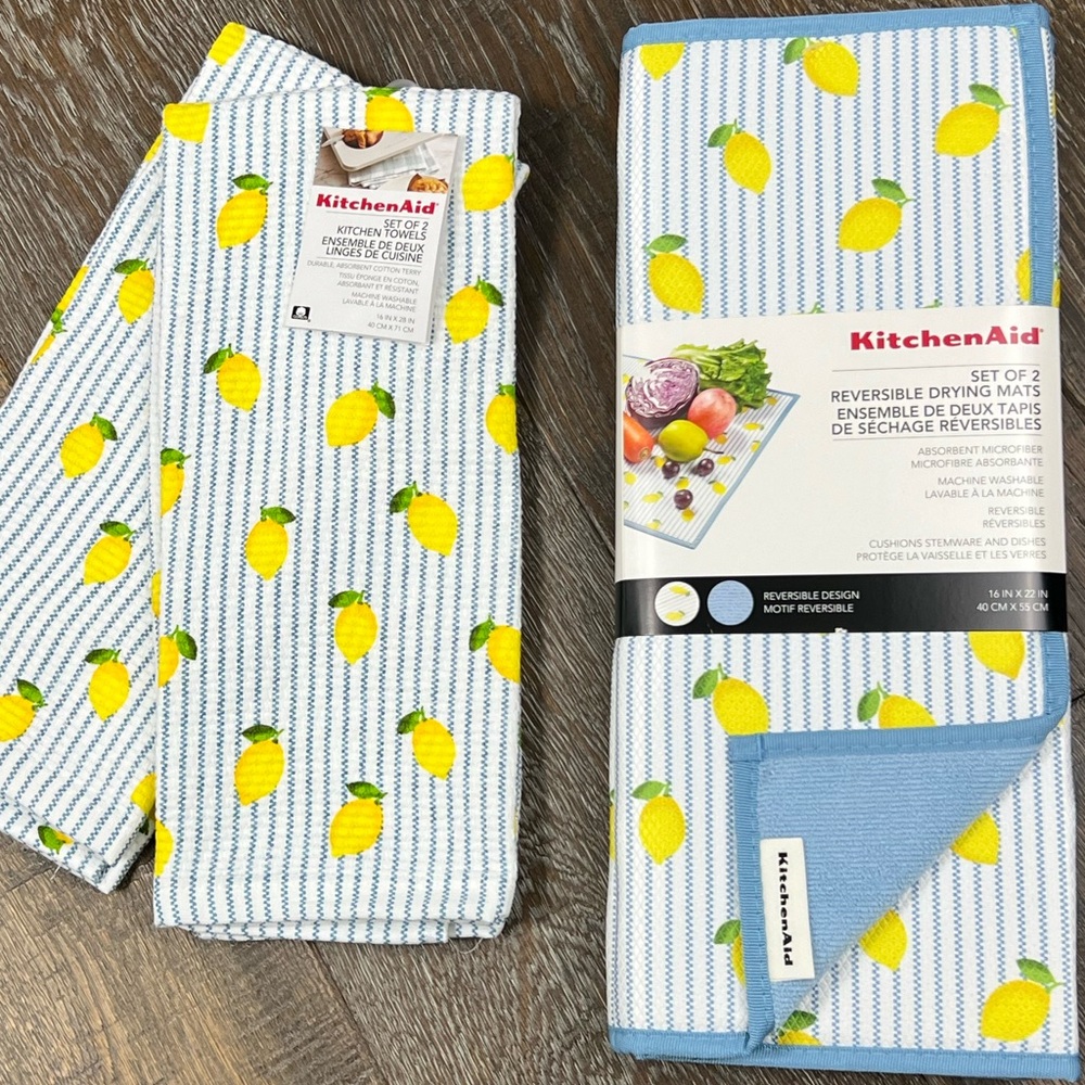 KitchenAid - ‘Lemon - stripes bundle’ dish towels(2) & drying mats(2) NWT.